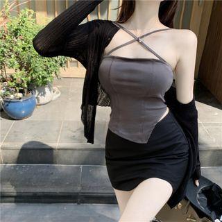 Halter Strap Crop Top / Long Sleeve Ribbed Cardigan / High Waist Round Hem Mini Skorts