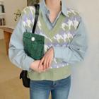 V-neck Pastel-color Houndstooth Knit Vest