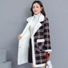 Long-sleeve Plaid Panel Faux Furry Coat