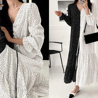 Drawcord-front Two-tone Dotted Long Dress Black - One Size
