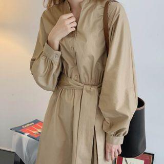 Long-sleeve Tie-waist Maxi A-line Dress Khaki - One Size