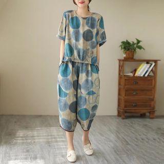 Set: Short Sleeve Printed Top + Cropped Harem Pants (various Design)