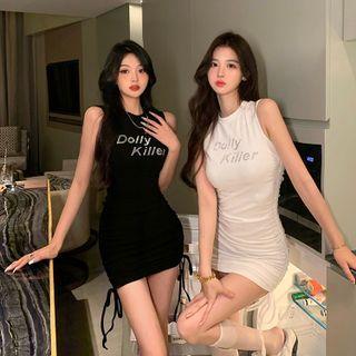 Sleeveless Lettering Drawstring Sheath Dress