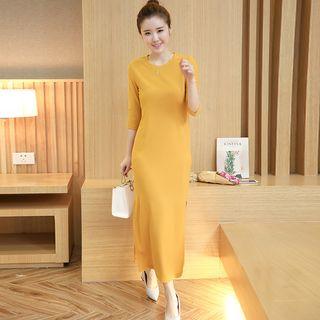 3/4-sleeve Side Slit Midi Dress With Belt