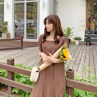 Square-neck Linen Blend Long Dress Brown - One Size