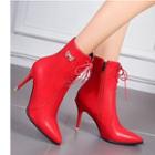 Faux Leather Rhinestone Butterfly High Heel Short Boots
