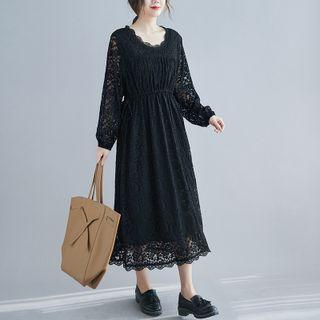 Long-sleeve Plain Lace Midi A-line Dress