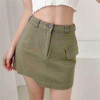 Asymmetrical Hem Denim Mini Pencil Skirt