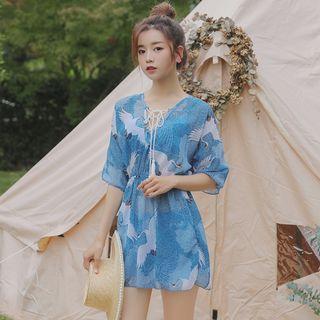 Set: Printed Ruffle Trim Bikini + Cover Up
