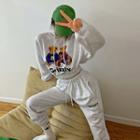 Set: Bear-print Cropped Hoodie + Letter Jogger Pants Melange White - One Size