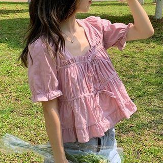 Ruffle Trim Square-neck Short-sleeve Cropped Blouse