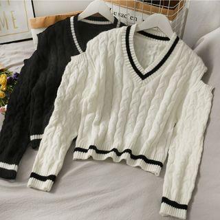 V-neck Off Shoulder Striped Sweater