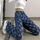 Check Pattern High Waist Straight Leg Jeans