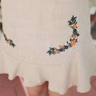 Flower-embroidered Ruffle-hem Linen Skirt