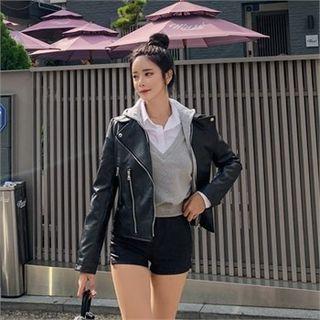 Detachable Hooded Faux-leather Jacket