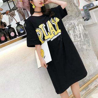 Elbow-sleeve Lettering Midi Dress