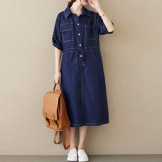 Elbow-sleeve Denim Midi A-line Shirtdress