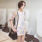 Elbow-sleeve Printed Sheath Dress