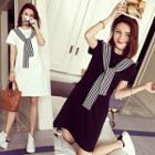 Short-sleeve T-shirt Dress With Striped Shawl