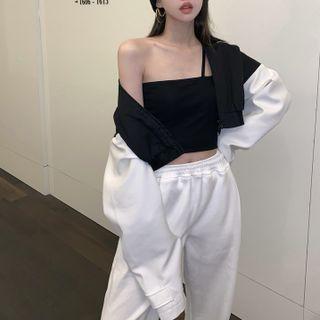 Plain Crop Camisole / Two-tone Zip-up Crop Jacket / High Waist Drawstring Sweatpants