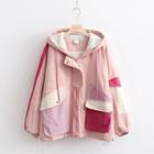 Color Block Hooded Zip-up Cargo Jacket With Lining - Thicken - Pink - One Size