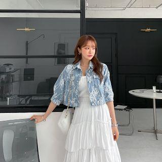 Lace-overlay Cropped Denim Jacket