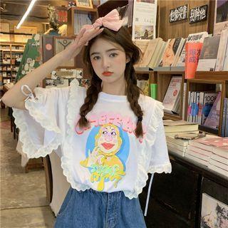 Short-sleeve Cartoon Print Ruffle T-shirt White - One Size