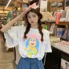 Short-sleeve Cartoon Print Ruffle T-shirt White - One Size