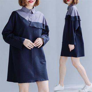 Long-sleeve Frill Trim Color Block Polo Dress