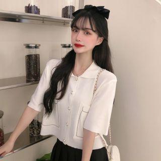 Elbow-sleeve Collared Cardigan
