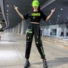 Elastic-waist Short-sleeve Lettering Cropped T-shirt / Piped Lettering Cargo Joggers