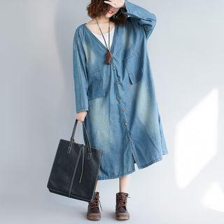 Pried Denim Buttoned Long Coat
