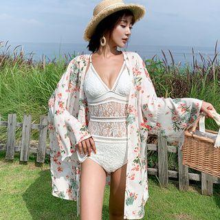 Lace Swimsuit / Flower Print Open Front Light Jacket / Set