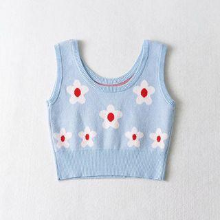 Floral Print Crop Knitted Tank Top Blue - S