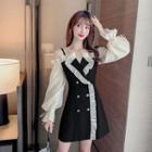 Long-sleeve Cold Shoulder Frill Trim Mini A-line Skirt