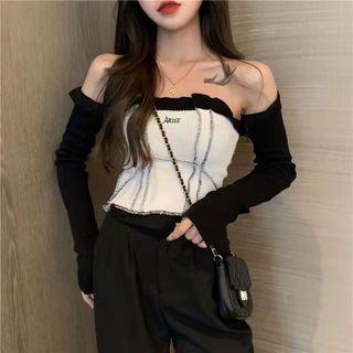 Off-shoulder Color Block Cropped Top