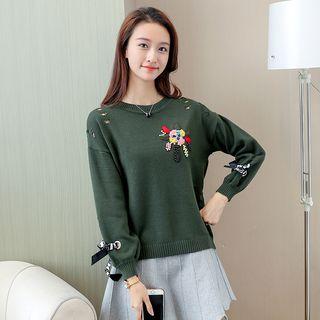 Flower Embroidered Distressed Sweater