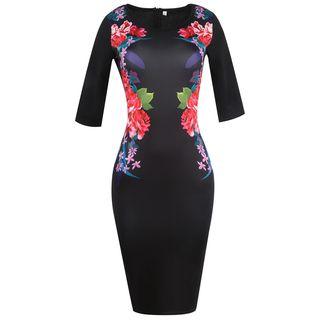 Floral Print Elbow-sleeve Bodycon Dress
