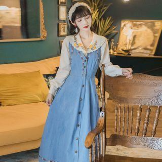 Long-sleeve Embroidered Shirt / Midi A-line Pinafore Dress / Set