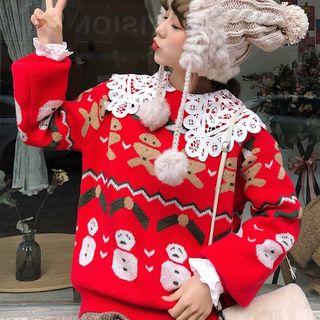 Christmas Print Sweater / Crochet Lace Panel Shirt