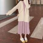 Long Sleeve V-neck Floral Print Chiffon Dress / Open Front Knit Cardigan / Set