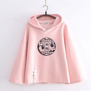 Frog-button Printed Bell-sleeve Fleece-lined Hoodie