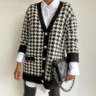 Long Sleeve V-neck Houndstooth Print Loose-fit Cardigan