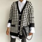 Long Sleeve V-neck Houndstooth Print Loose-fit Cardigan