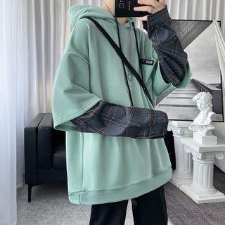Plaid Panel Hooded Mock Two-piece Sweatshirt