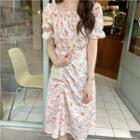 Short-sleeve Off-shoulder Floral Print Drawstring Midi A-line Dress