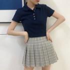 Short-sleeve Cropped Polo Shirt / Plaid Pleated Mini Skirt