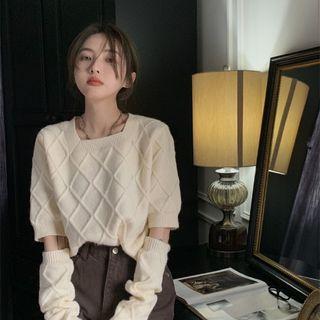 Set: Elbow-sleeve Crop Knit Top + Arm Sleeves Off-white - One Size