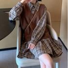 Set: Plaid Mini A-line Shirtdress + Plain Sweater Vest