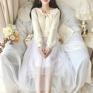Set: Tie Neck Sweater + Sheer Panel Midi Skirt Off-white - One Size